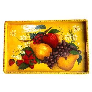 Painted wood serving tray yellow red tole paint fruit colorful country cottage